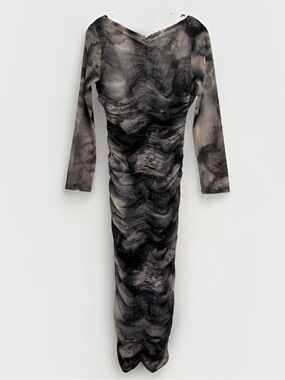 Reformation Sheer Ruched Long Sleeve Mesh Midi Dress in Gray Black Rose Print